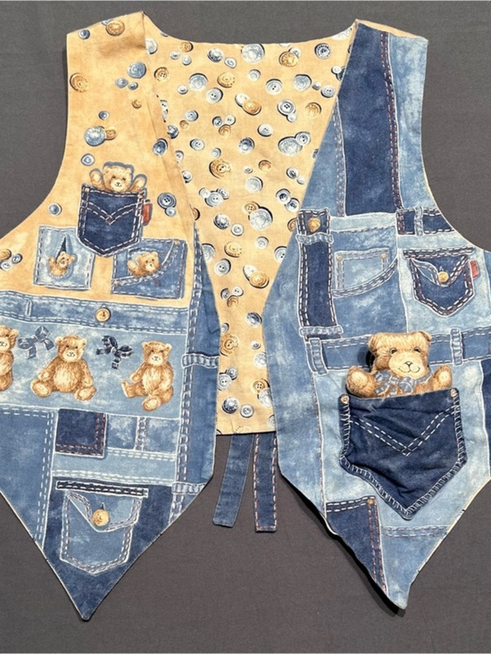 ❌SOLD❌Vintage Handmade Blue & Tan Denim & Bear Themed Children’s Vest